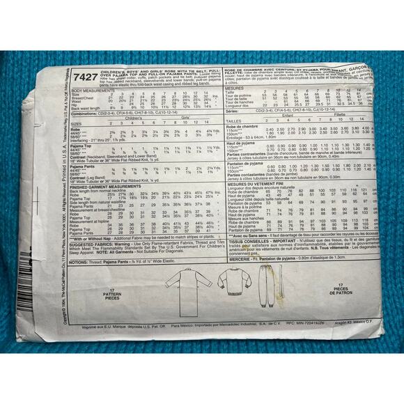 McCalls 7427 Sewing pattern Kids robe pajama top pant size 7 8 10 - Picture 3 of 6